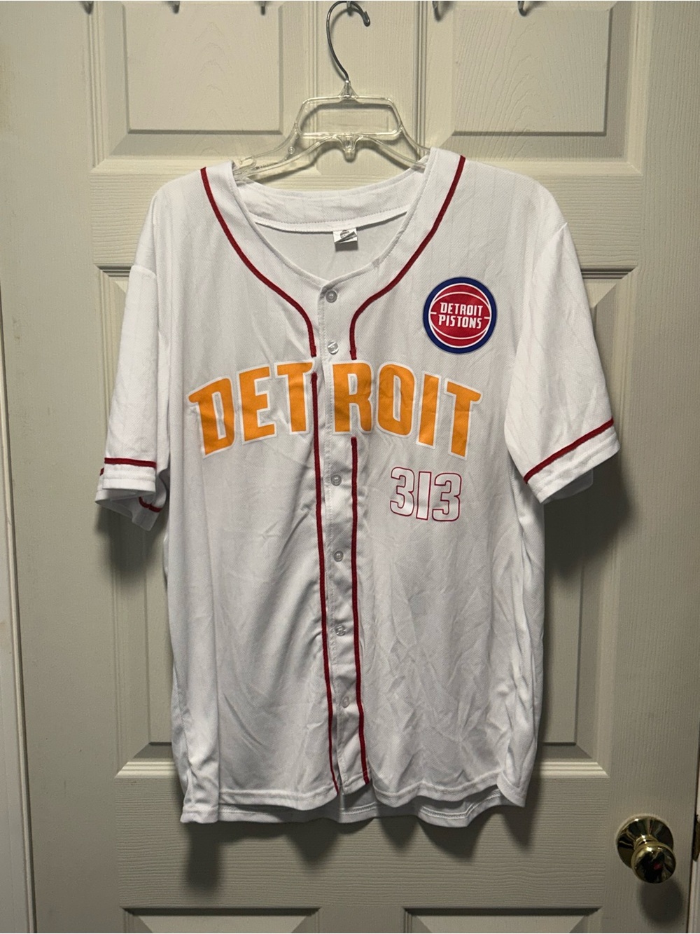 Detroit Pistons Jersey XL White Striped Red Blue Logo 313 SGA Baseball Jersey